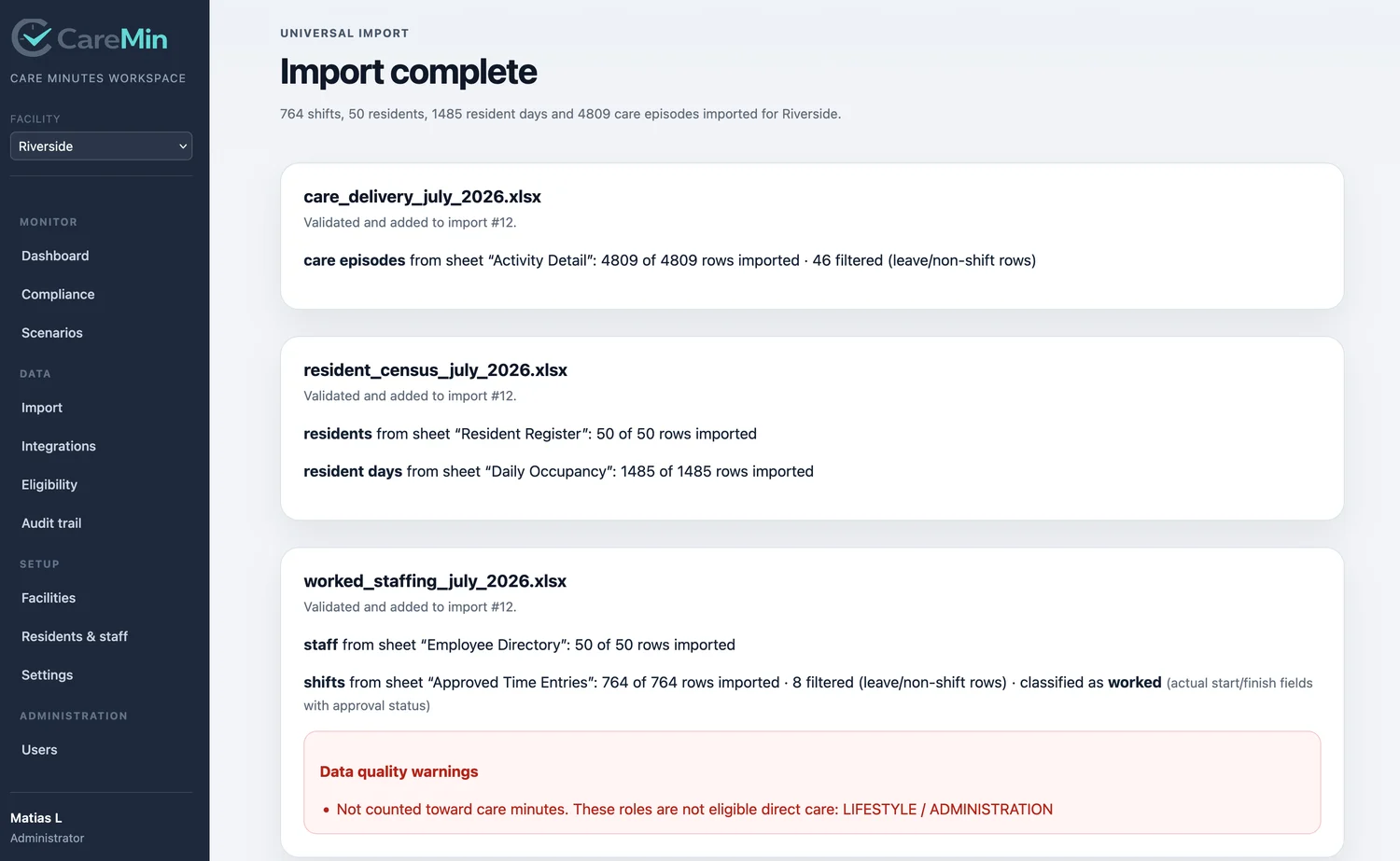 CareMin import results screen showing accepted files, completed checks, and an import summary