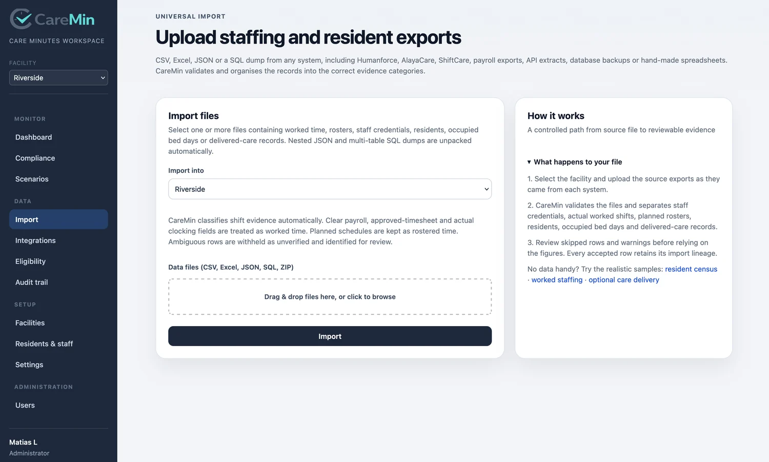 CareMin upload workspace for adding staffing, occupied bed day, and roster exports